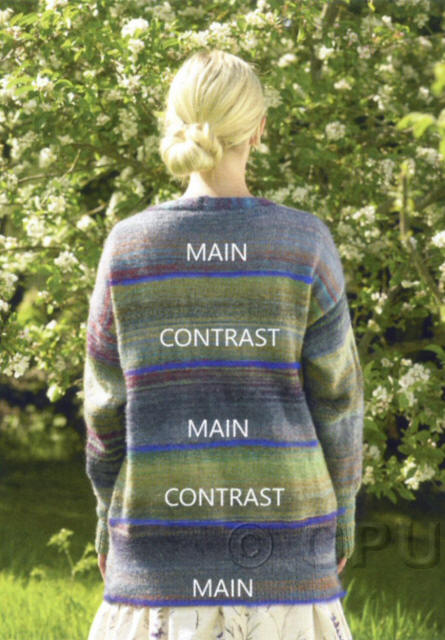 Ladies cardigan showing where the main and contrast colours are.