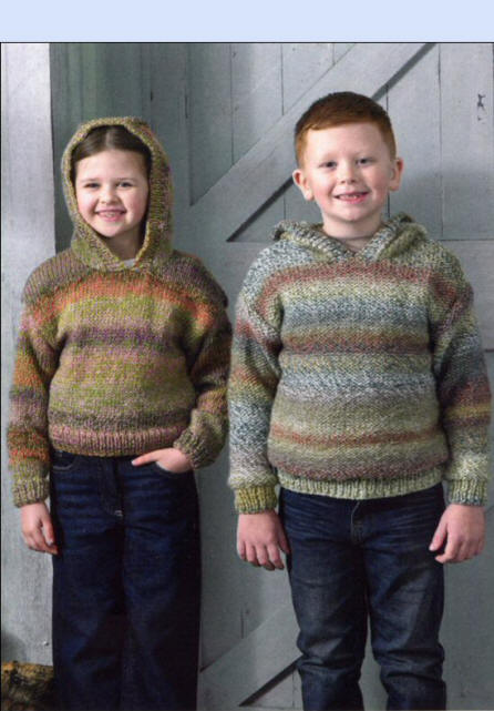 Colour shown for long Boys Hooded Sweater in Reverse Stocking Stitch is Shade MC107. Colour shown for Shorter Girls Hooded Sweater in Stocking Stitch is MC127 Soft Summer.