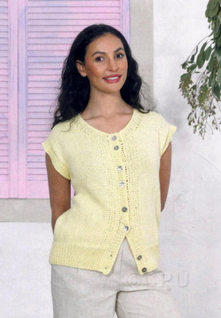 Ladies Waistcoat / Sleeveless Cardigan with a lace panel next to the button band in JCB Its Pure Cotton Double Knit IC02 which is a yellow