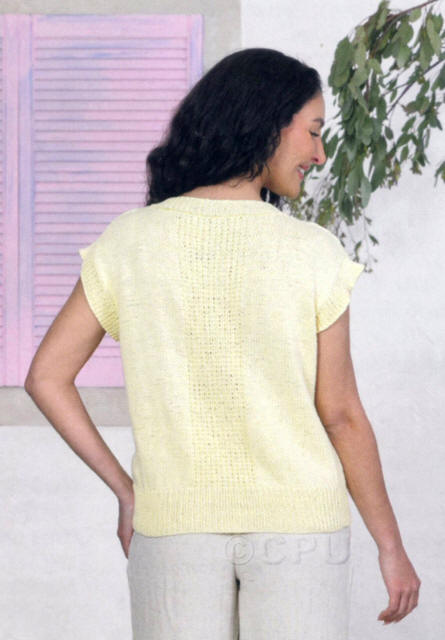 Ladies Waistcoat / Sleeveless Cardigan in JCB Its Pure Cotton Double Knit IC02, which is a yellow, showing the lace panel down the middle of the back of the garment  
