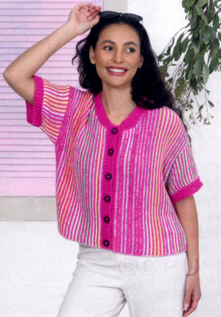 Ladies Short Sleeved Cardigan worked sideways in JCB Cotton Waves Double Knit WV12 (Rainbow) with Its Pure Cotton DK IC28, which is a a pink colour, for sleeve bands, neck band and button bands 