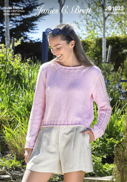 Ladies Long Sleeved Sweater with 2 lace lines down sleeve in JCB Its Pure Cotton DK IC06 which is a pink colour.