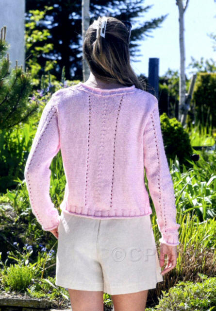 Ladies Long Sleeved Sweater with 2 lace lines down back and sleeves in JCB Its Pure Cotton DK IC06 which is a pink colour.