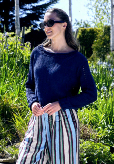 Ladies Long Sleeved Sweater in JCB Its Pure Cotton DK IC11 which is a dark blue colour.