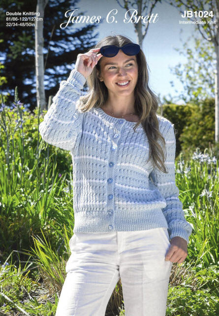 Ladies Long Sleeved Round Neck Cardigan with 4 thin contrast stripes all around and vertical thin cables in JCB Its Pure Cotton DK. Colours shown are a Cool Blue with white stripes.