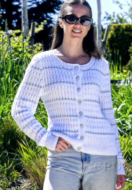 Ladies Long Sleeved Round Neck Cardigan with 4 thin contrast stripes all around and vertical thin cables in JCB Its Pure Cotton DK. Colours shown are a white with Cool Blue stripes.