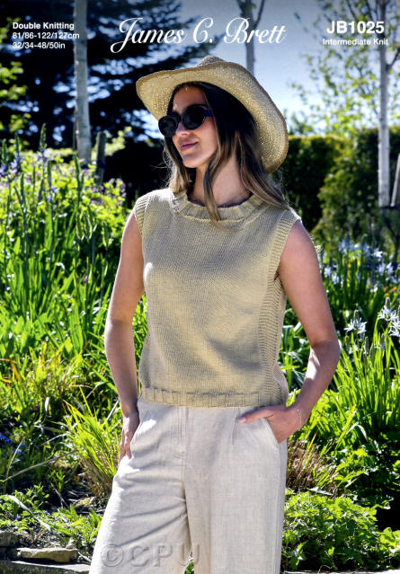 Ladies slipover top with no sleeves in JCB Its Pure Cotton DK IC43 (Pale Gold).