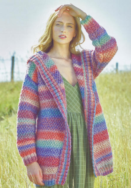 Hooded Cardigan with hood down. Colour shown is shade MC106