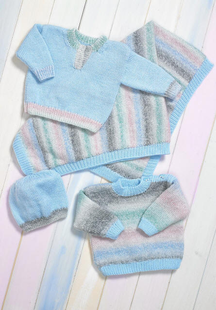 Babies Sweaters, Hat and Blanket. Colours shown are shades BM45 & BB05