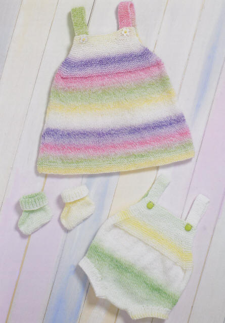 Babies Romper, Dress and Bootees. Colours shown are shades BM04 and BM34
