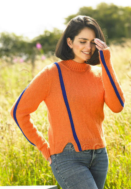 Ladies Sweater in shades AL24 (Pumpkin) and AL23 (Blue Velvet)
