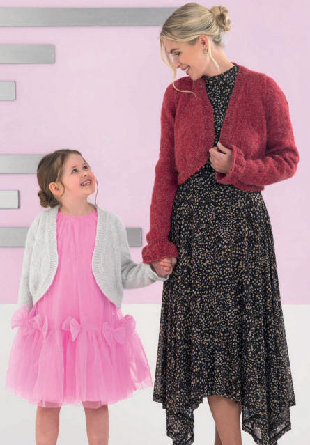 Childrens Bolero Style Cardigan in Elegance DK Graceful (EG01) which is a white colour and Ladies Bolero Style Cardigan in Elegance DK Glamour (EG07) which is a dark red colour