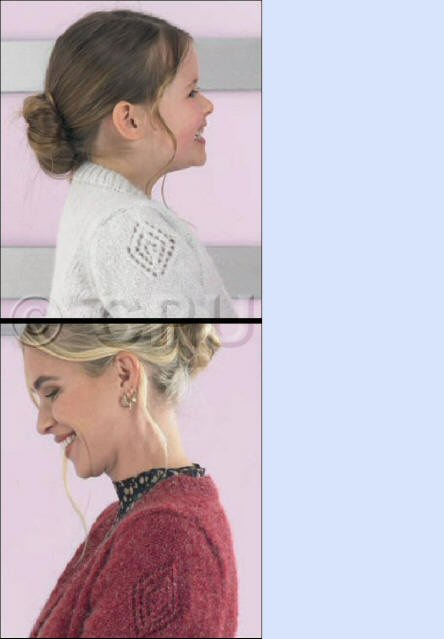 Picture shows the diamond pattern on the top of the sleeve on both girls and ladies cardian.