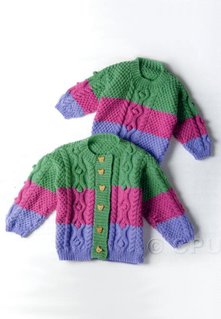 Knitted Three Colour Child's Cable and Bobble Combo Cardigan and Sweater