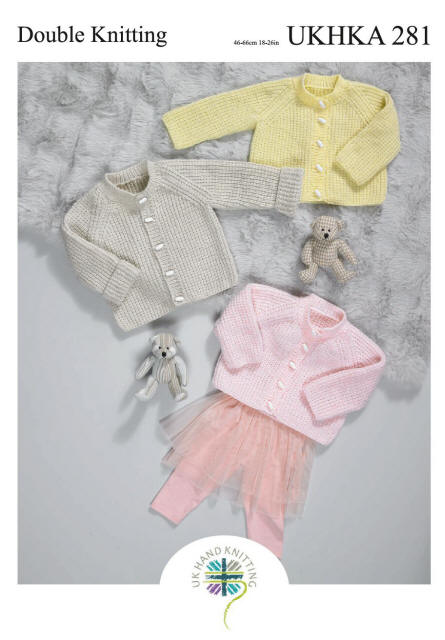 Girls Baby Cardigan shown in Yellow and Apricot, Boys Baby Cardigan shown in Beige.