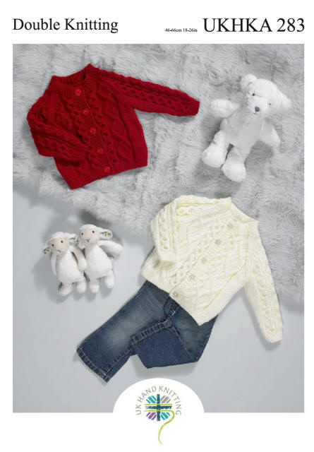 Girls Baby Cardigan shown in Yellow and Apricot, Boys Baby Cardigan shown in Beige.