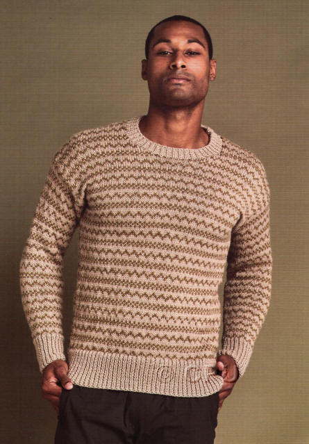 Knitted Mens Fair Isle Sweater. Colours shown are Stag (A-5621) and Bracken (B-5625).