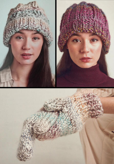 Ladies Cabled Hat in Altitude (5683), Ribbed Hat in Adventure (5684) and Mittens in Altitude (5683)