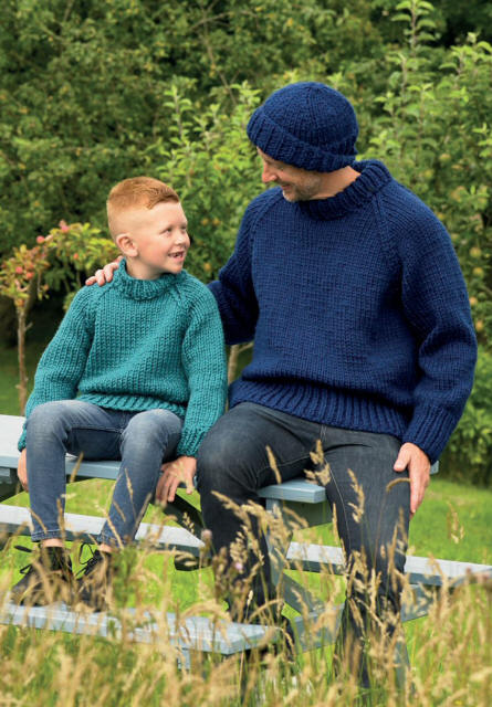 Knitted Mens and Boys Sweaters and Hats - Colours shown are SP70 (French Navy) and SP31 (Teal)