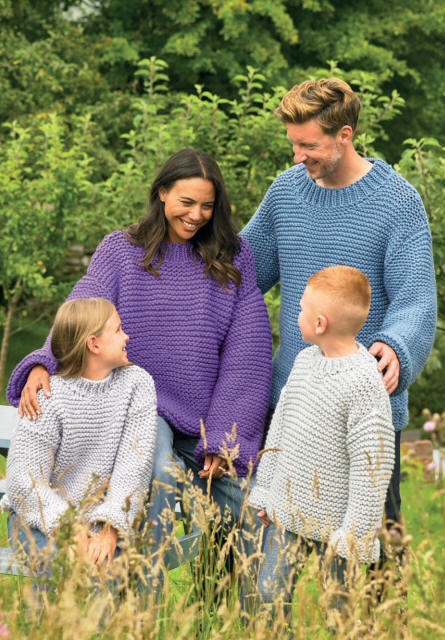 Knitted Childrens, Ladies and Mens Sweaters - Colours shown are SP38 (Silver), SP63 (Violet Mist), SP50 (Pure Purple) and SP36 (Denim)