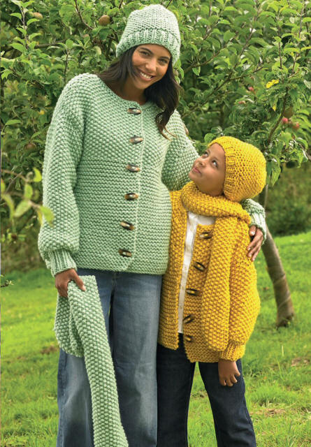 Knitted Ladies and Girls Cardigans, Hats and Scarves - Colours shown are SP56 (Buttercup) and SP61 (Aloe)