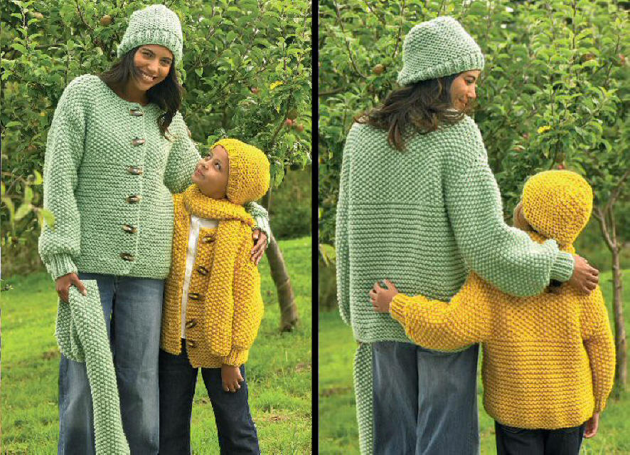 Knitted Ladies and Girls Cardigan, Hat and Scarf  
